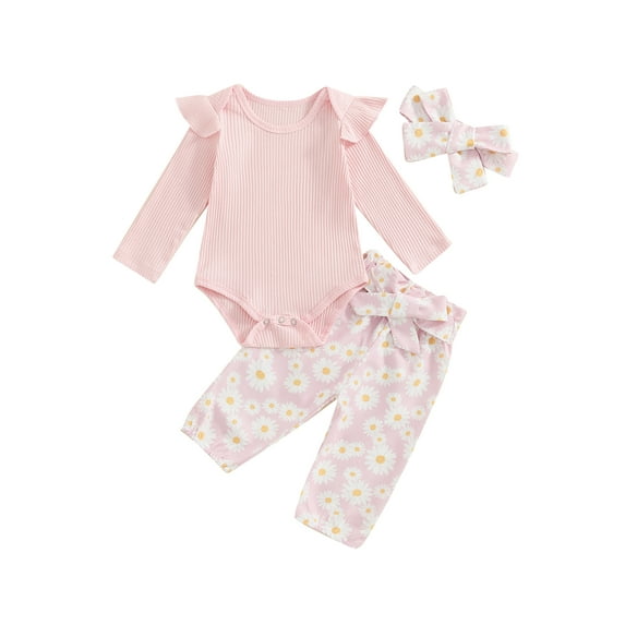 FEORJGP 3-Piece Toddler Baby Girls Floral Set 0 3M 6M 9M 12M 18M Infant Long Sleeve Jumpsuits Solid Round Neck Bodysuits Ruffled Ribbed Rompers Daisy hion Casual Cute Outfits for Spring Fall