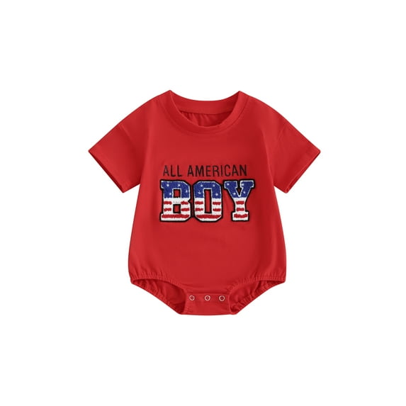 FEORJGP 4th of July Clothes for Baby Boy Infant 0-18M Round Neck Romper Casual Short Sleeve Jumpsuit Letter Embroidery Bodysuit Newborn Fashion Simply Summer Outfit Independence Day