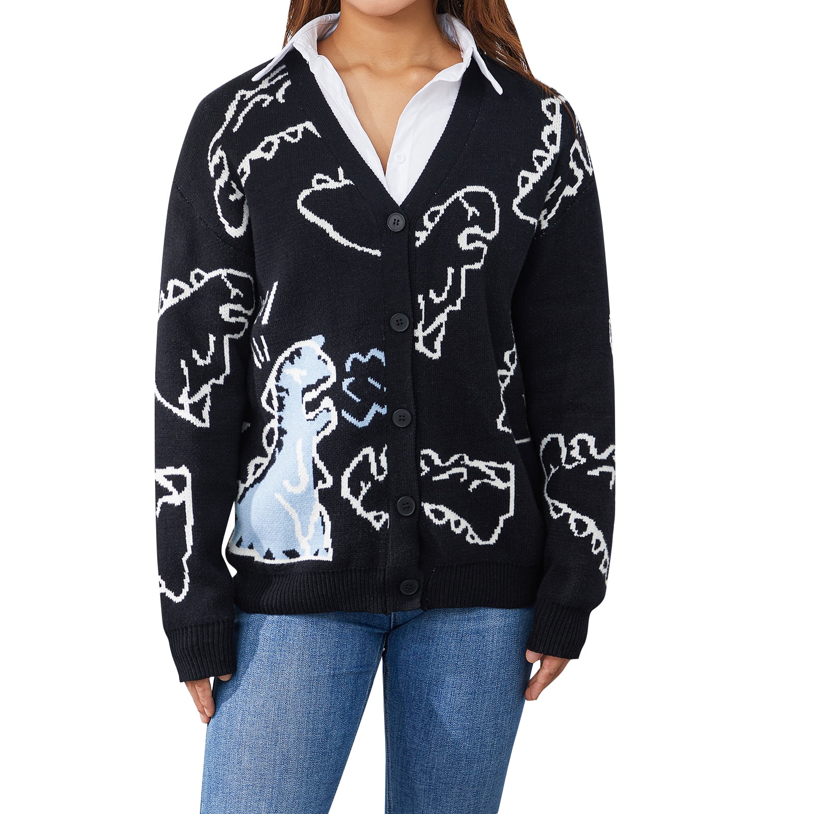 FEORJGP Adults Tops, Dinosaur Print Long Sleeve Loose Knitted Cardigan