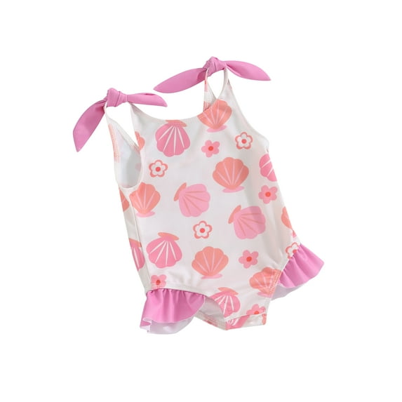 FEORJGP Infan Baby Girl Swimsuit Toddler Sleeveless Swimwear Jumpsuit Shell Flower Print Bodysuit Frill Trim Bathing Suit for Little Girls Summer Beach Wear