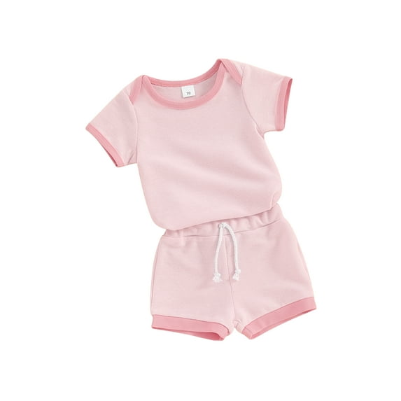 FEORJGP Infant Baby Boy Girl Basic Summer Outfit Newborn 3M 6M 12M 18M Short Sleeve Rompers Patchwork Crew Neck Jumpsuit Elastic Waist Shorts Toddler 2Pcs Loose Casual Daily Clothes Set