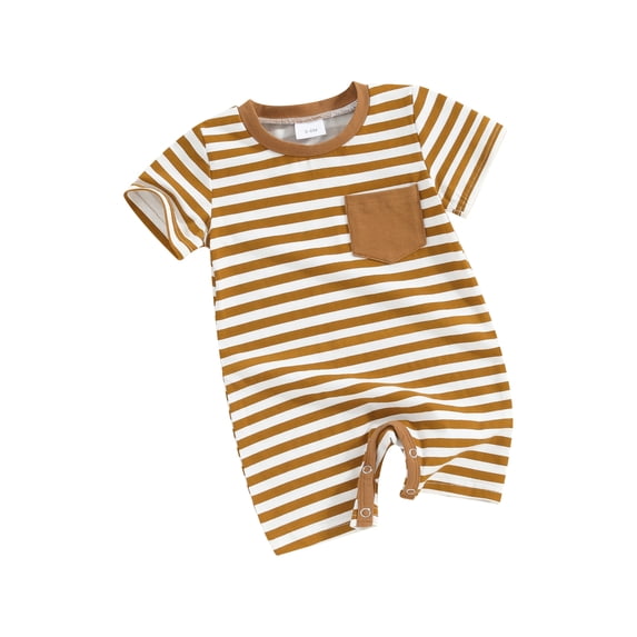 FEORJGP Infant Baby Boy Summer Jumpsuit 3M 6M 12M 18M Newborn Round Neck Romper Stripe Print Short Sleeve T-Shirt Pocket Bodysuit Toddler Loose Casual Clothes