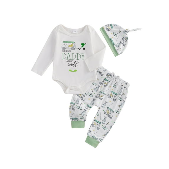 FEORJGP Infant Baby Boys 3Pcs Golf Outfits Newborn Long Sleeve Bodysuits Letter Print Rompers Crew Neck Jumpsuits + Pants + Hat Set Toddler Little Boy Fashion Cute Casual Clothes Daily for Spring Fall
