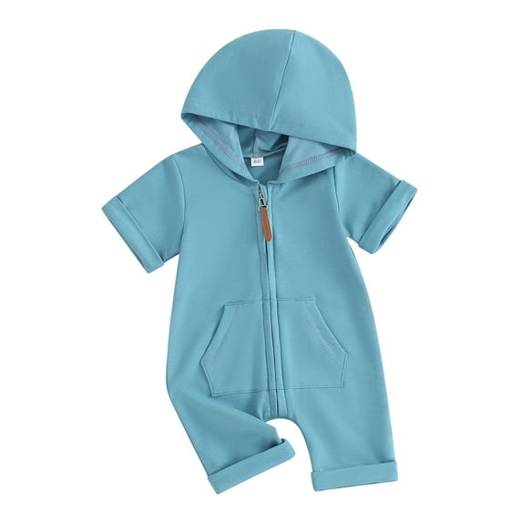 FEORJGP Infant Baby Boys Girls Hooded Jumpsuits Kids Zipper Hoodies Rompers Solid Color Short Sleeve Bodysuit Newborn Loose Casual Summer Clothes