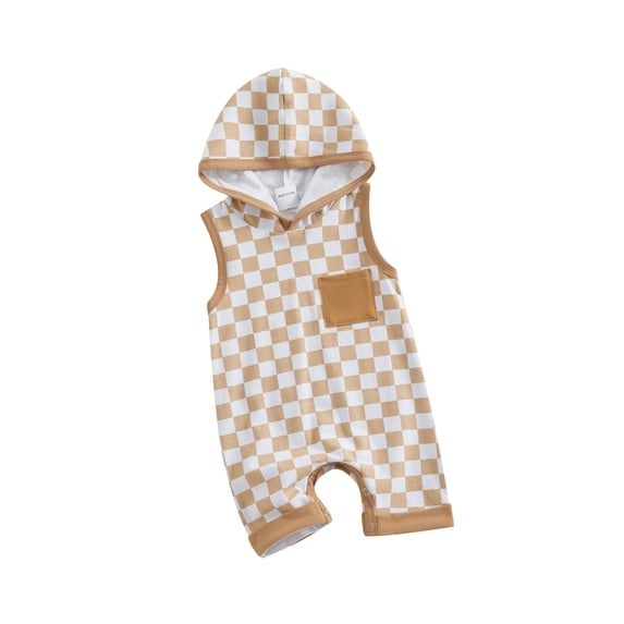 FEORJGP Infant Baby Boys Summer Rompers 3M 6M 12M 18M Newborn Hooded Jumpsuits Checkerboard Pocket Sleeveless Hoodies Bodysuits Toddler Casual Daily Clothes