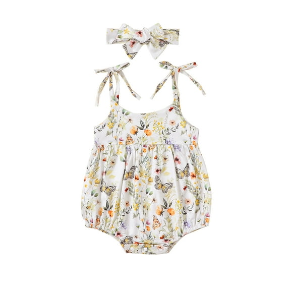 FEORJGP Infant Baby Girl Cami Jumpsuit Newborn Floral Print Tie-Up Sleeveless Romper Ruched Summer Bodysuit with Bow Headband Toddler Girls Cute Sweet Outfit