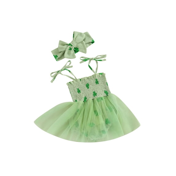 FEORJGP Infant Baby Girl Irish 2 Piece Outfits Newborn Summer Clothes Sleeveless Mesh Romper Dress Shamrock Print Slip Bodysuit Dress and Headband Cute Fashion Princess Dress Party Dress