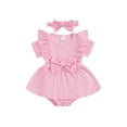 thumbnail image 1 of FEORJGP Infant Baby Girl Romper Dress 0 3M 6M 9M 12M 18M Newborn Short Sleeve Jumpsuit Solid Color Ribbed Ruffled Round Neck Bodysuit Dress with Bow Her Solid Cute Daily Clothes for Vacation, 1 of 8
