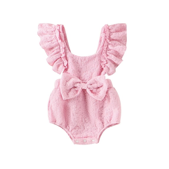 FEORJGP Infant Baby Girl Summer Clothes 0 3M 6M 9M 12M 18M Newborn One-piece Jumpsuit Flower Flying Sleeve Romper Solid Color Scoop Neck Bow Overalls Bodysuit Kids Toddler Cute Sweet Floral Outfit