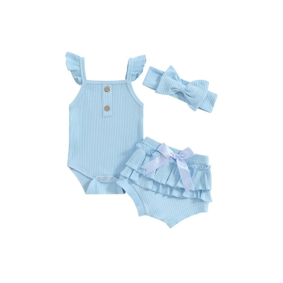 FEORJGP Infant Baby Girl Summer Clothes 3M 6M 12M 18M Newborn Fly Sleeve Jumpsuit Solid Color Ribbed Romper Square Neck Bodysuit and Elastic Ruffles S Set Toddler Cute Casual 3 Piece Outfits