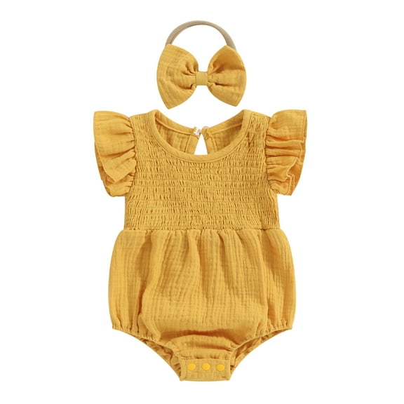 FEORJGP Infant Baby Girl Summer Outfits 3M 6M 12M 18M Newborn Fly Sleeve Romper Solid Color Elastic Jumpsuit Crew Neck Bodysuit and Bow Headband Set Toddler Cute Casual Fashion Clothes