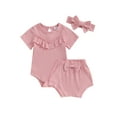 thumbnail image 1 of FEORJGP Infant Baby Girl Summer Outfits 3M 6M 12M 18M Newborn Short Sleeve Rompers Solid Color Rib Ruffles Jumpsuit Crew Neck Bodysuit and Elastic Waiddler Cute Casual 3Pcs Daily Clothes Set, 1 of 8