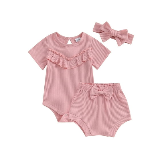 FEORJGP Infant Baby Girl Summer Outfits 3M 6M 12M 18M Newborn Short Sleeve Rompers Solid Color Rib Ruffles Jumpsuit Crew Neck Bodysuit and Elastic Waiddler Cute Casual 3Pcs Daily Clothes Set