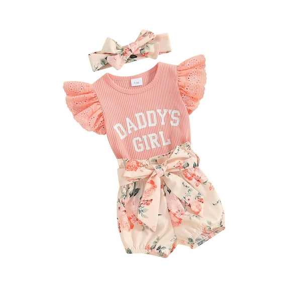 FEORJGP Infant Baby Girl Summer Outfits Newborn 3M 6M Lace Fly Sleeve Rompers Letter Print Jumpsuit Crew Neck Bodysuit Elastic Waist Floral Print Beltittle Girls Cute Casual 3Pcs Clothes Set