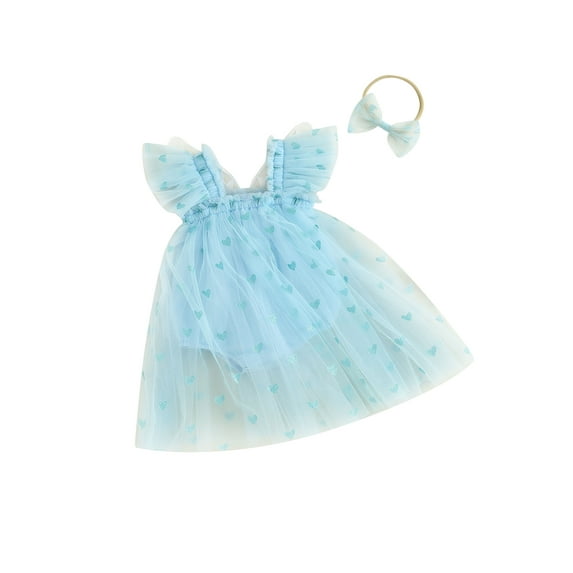 FEORJGP Infant Baby Girl Valentine's Day Jumpsuit Toddlers Fly Sleeve Bodysuit Dress Heart Print Tulle Mesh Dress Romper with Bow Headband Little Girl Casual Cute Clothes Set for Party
