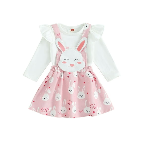 FEORJGP Infant Baby Girls 2Pcs Easter Outfits Newborn Long Sleeve Jumpsuit Crew Neck Bodysuit Solid Color Ruffle Romper + Suspender Skirt Set Toddler Cute Casual Clothes for Spring Fall