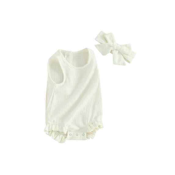 FEORJGP Infant Baby Girls Basic Ruffled Rompers Sleeveless Jumpsuit Solid Color Crew Neck Bodysuits Newborn Cute Casual Soft Summer Clothes with Headband