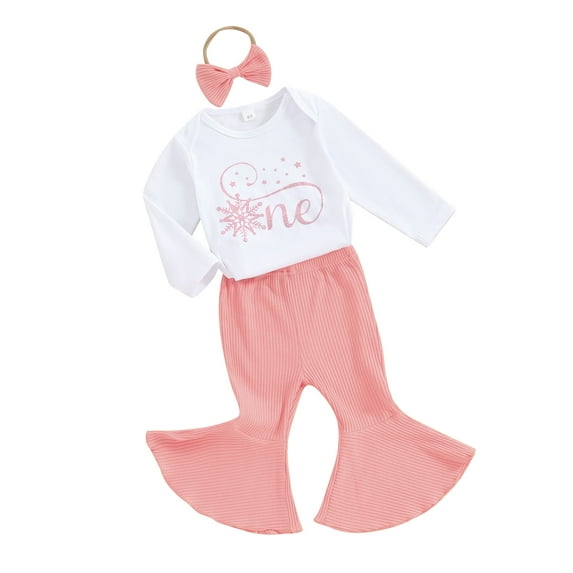 FEORJGP Infant Baby Girls Birthday Outfit Kids One Year Old Long Sleeve Jumpsuit Snow Letters Print Romper Crew Neck Bodysuit with Flare Pants and Headband Toddler Casual Cute Clothing Set