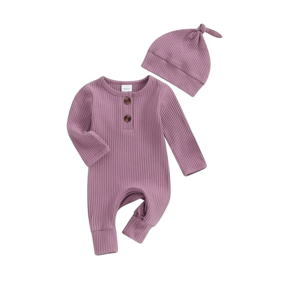 FEORJGP Infant Baby Girls Boys Basic Romper 0-6M Newborn Long Sleeve Bodysuit Crew Neck Overalls Solid Color Ribbed Button Jumpsuit with Hat Spring Autumn