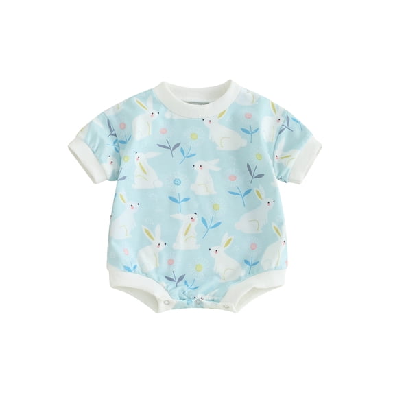 FEORJGP Infant Baby Girls Boys Easter Clothes Kids 0-18M Newborn Short Sleeve Bodysuits Crew Neck Rompers Flower Rabbit Print Casual Jumpsuit Loose Casual Clothes for Summer