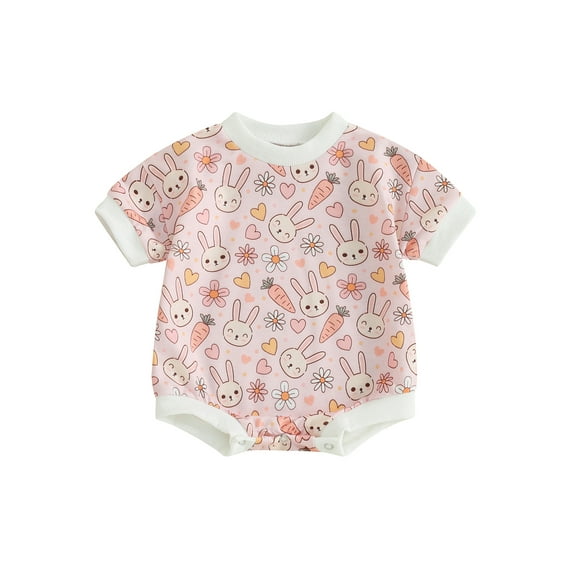 FEORJGP Infant Baby Girls Boys Easter Clothes Kids 0-18M Newborn Short Sleeve Bodysuits Crew Neck Rompers Flower Rabbit Print Casual Jumpsuit Loose Casual Clothes for Summer