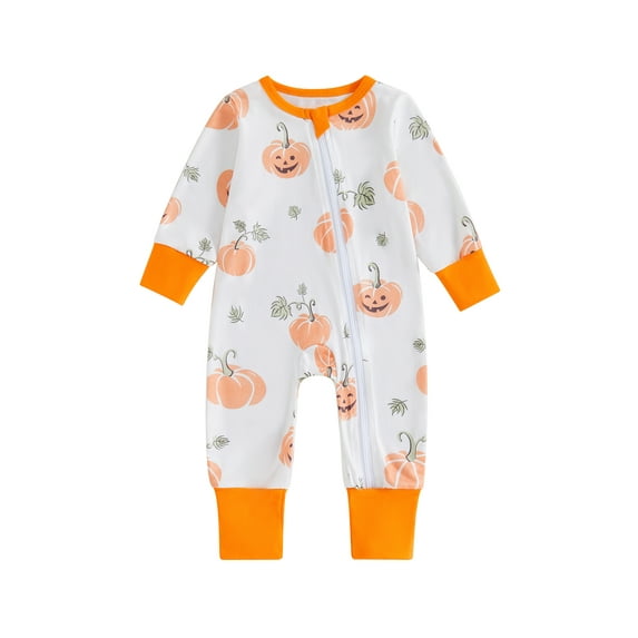 FEORJGP Infant Baby Girls Boys Halloween Rompers 0 3M 6M 12M Newborn One-piece Jumpsuits Long Sleeve Zipped Bodysuits Pumpkin Print Crew Neck Playsuitomfy Soft Casual Clothes for Spring Fall