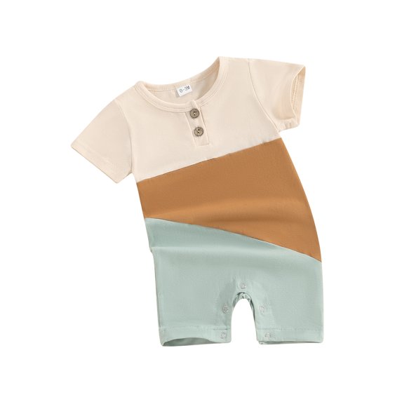 FEORJGP Infant Baby Girls Boys Summer Romper Newborn Short Sleeve Jumpsuits Crew Neck Bodysuits Contrast Color Buttons Playsuit Loose Casual Simply Clothes