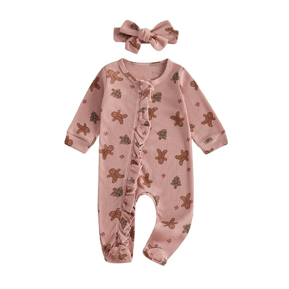 FEORJGP Infant Baby Girls Christmas Casual Jumpsuits 0-12M Newborn Long Sleeve Rompers Gingerbread Print Ruffle Bodysuits with Headband Toddler Girl Cute Loungewear Kids Fall Clothes for Daily