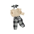 thumbnail image 1 of FEORJGP Infant Baby Girls Fall Outfits Newborn Long Sleeve Rompers Solid Color Jumpsuit Crew Neck Bodysuit Buttons Plaid Trousers Long Pants Headband Toddler 3Pcs Loose Casual Daily Clothes Set, 1 of 9
