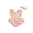 thumbnail image 1 of FEORJGP Infant Baby Girls Rompers Dress 6M 9M 12M 18M Newborn Square Neck Jumpsuit Dress Solid Color Fly Sleeve Skirt Hem Bodysuits with Headband Toddler Cute Casual Summer Clothes, 1 of 9