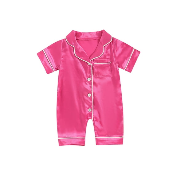 FEORJGP Infant Baby Girls Summer Pajama 3M 6M 12M 18M 24M Newborn Short Sleeve Jumpsuit Lapel Rompers Solid Color Button Up Sleepwear Toddler Casual Satin Loungewear