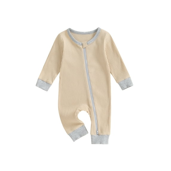 FEORJGP Infant Baby Ribbed Jumpsuits Newborn Girls Boys Rompers Casual Contrast Color Round Neck Rompers Zipper Long Sleeve Bodysuit Soft Loungewear