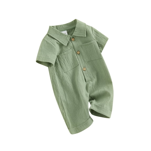 FEORJGP Infant Boy Summer Cotton Linen Jumpsuit Newborn 3M 6M 12M 18M Lapel Shirt Overalls Solid Color Short Sleeve Bodysuit Front Button Romper Toddler Baby Casual Daily Clothes
