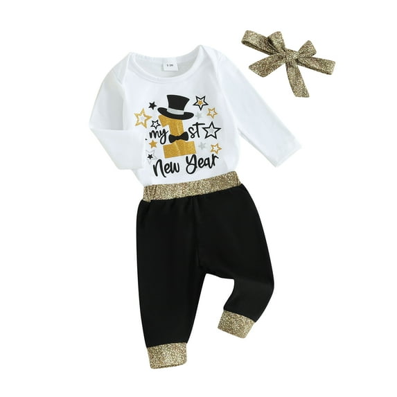FEORJGP Infant Boys Girls New Year Jumpsuit Outfits Newborn Baby Long Sleeve Romper LetterStar Print Jumpsuit Crew Neck Bodysuit with Long Pants and Headband Loose Casual Clothes Set