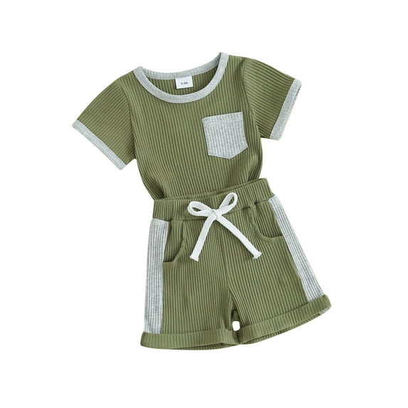 FEORJGP Infant Boys Summer Clothes Outfits Newborn Baby Short Sleeve T-Shirts Patchwork Ribbed Shirt Crew Neck Tops and Elastic Waist Shorts Drawstring Pants Loose Casual Suit