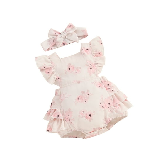 FEORJGP Infant Girl 2 Piece Set Newborn Baby 0-18M Sleeveless Romper Dress Square Neck Jumpsuit Frill Trim Tank Top Bodysuit Dress+ Flower Print Headband Toddler Cute Summer Outfits