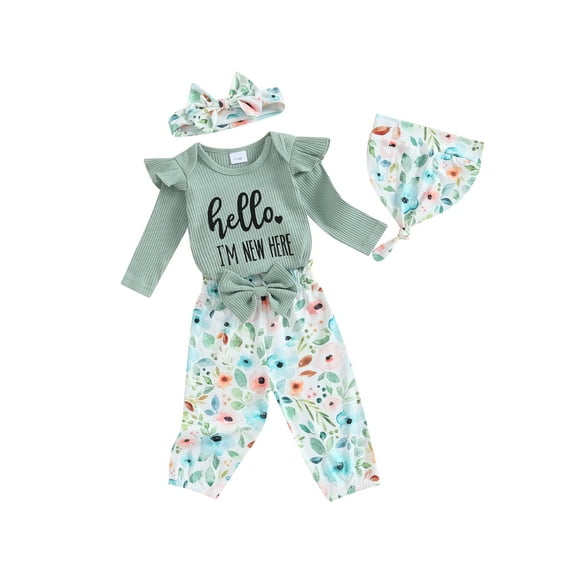 FEORJGP Infant Girl Fall 4Pcs Outfit Newborn Baby Long Sleeve Romper Letter Print Jumpsuit Crew Neck Bodysuit with Flower Pants and Hat Bow Headband Cute Daily Clothes Set