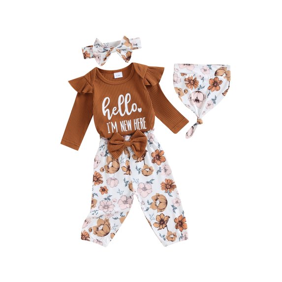 FEORJGP Infant Girl Fall 4Pcs Outfit Newborn Baby Long Sleeve Romper Letter Print Jumpsuit Crew Neck Bodysuit with Flower Pants and Hat Bow Headband Cute Daily Clothes Set