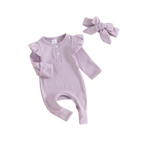 FEORJGP Infant Girl Spring Fall Outfit Newborn Baby Long Sleeve Bodysuit Crew Neck Romper Solid Jumpsuit with Headband Baby Loose Casual Clothes