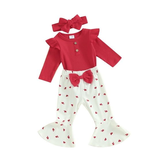 FEORJGP Infant Girl Valentine’s Day Clothes Newborn Baby Long Sleeve Romper Crew Neck Bodysuit Solid Color Ribbed Jumpsuit with Heart Pattern Flare Pants and Headband Spring Fall Outfit