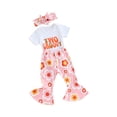 thumbnail image 1 of FEORJGP Infant Girls 3PCS Outfits Newborn Baby White Short Sleeve Jumpsuit Crew Neck Bodysuit Letter Print Romper Floral Print Flared Pants Elastic Waeadband Sets Little Girls Summer Clothes, 1 of 9