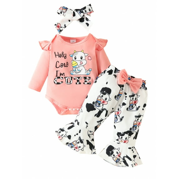 FEORJGP Infant Girls Fall Outfit Newborn Baby Long Sleeve Jumpsuit Letters Print Romper Crew Neck Bodysuit with Cow Print Flare Pants and Headband Clothing Set