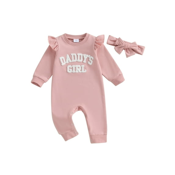 FEORJGP Infant Girls Rompers Newborn Baby Long Sleeve Jumpsuits Letter Embroidered Crew Neck Rompers Fall Toddler Clothes Bodysuits with Headband