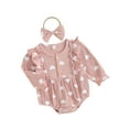 thumbnail image 1 of FEORJGP Infant Girls Valentine's Day Outfits Kids Autumn Ruffle Romper Newborn Baby Long Sleeve Bodysuit Heart Print Button Romper Crew Neck Jumpsuit with Headband, 1 of 9