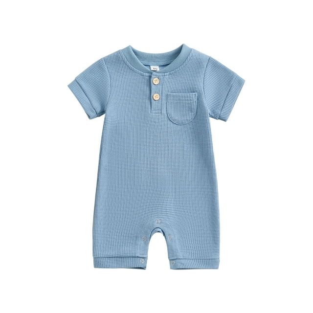 FEORJGP Infant Little Boy One-piece Jumpsuits 0-12M Toddler Baby Summer Solid Basic Bodysuits Short Sleeve Solid Color Button Romper Newborn Kids Fashion Comfy Dailly Waffle Playsuit for Vacation
