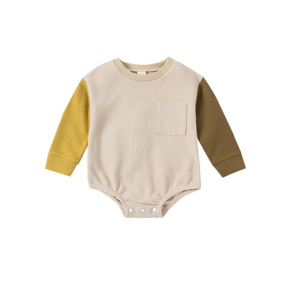 FEORJGP Infant Newborn Baby Boys Girls Fall Romper Casual Long Sleeve Jumpsuit Round Neck Contrast Color Waffle Bodysuit Loose Warm Soft Clothes