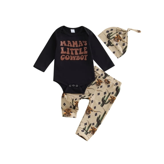 FEORJGP Infant Newborn Baby Boys Outfit Long Sleeve Jumpsuit Crew Neck Bodysuit Letters Print Romper with Cow Cactus Print Sweatpants and Hat Spring Fall Clothes Set