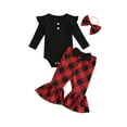 thumbnail image 1 of FEORJGP Infant Newborn Baby Girls Fall Outfit Long Sleeve Romper Crew Neck Jumper Solid Bodysuit with Plaid Flare Pants and Headband Clothing Set, 1 of 9