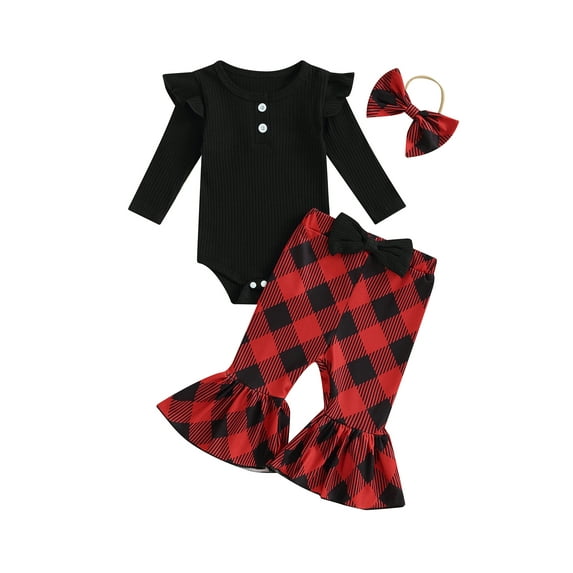 FEORJGP Infant Newborn Baby Girls Fall Outfit Long Sleeve Romper Crew Neck Jumper Solid Bodysuit with Plaid Flare Pants and Headband Clothing Set
