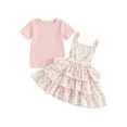 thumbnail image 1 of FEORJGP Kid Baby Girls 2Pcs Summer Outfits 1Y 2Y 3Y 4Y 5Y 6Y Toddler Short Sleeve T-shirt Crew Neck Shirt Solid Ribbed Tops + Daisy Suspender Skirt Set Little Girl Cute Sweet Fashion Clothes, 1 of 9